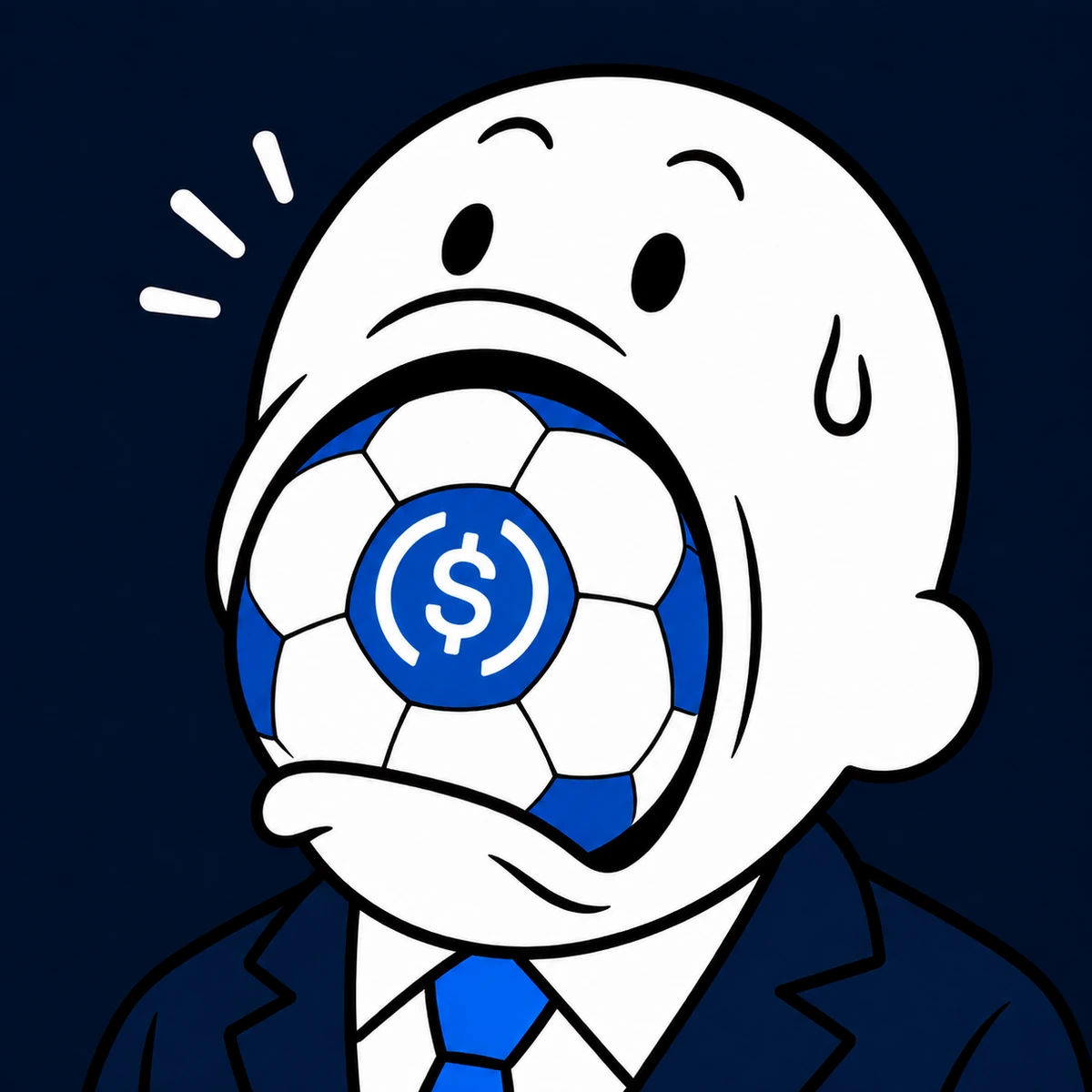 A suited SUCCER mascot with a soccer ball stuck in its mouth